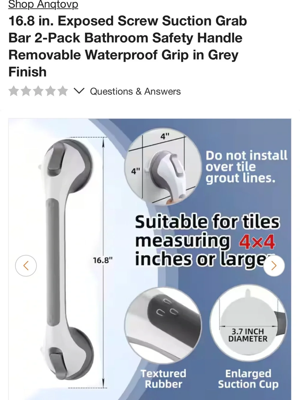 White and Gray Suction Grab Bar for Bathroom Safety